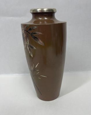 Vintage 19th Century Japanese Meiji Bronze Mixed Metal Vase Signed Birds Flowers Grapes 8.5"