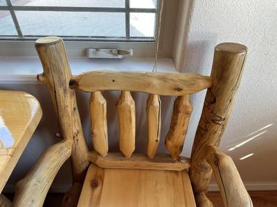 GORGEOUS PINE LOG SLAB DINING TABLE W/2 CAPTAIN, 2 ARMLESS CHAIRS