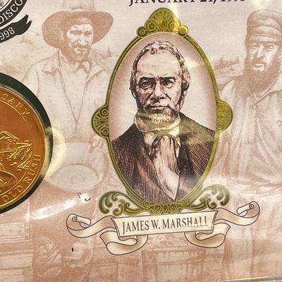 LOT 163J: California Gold Rush Commemorative Gold-Plated Silver Medal and Postal Cover, American Buffalo Coin and Stamp Set, and First...