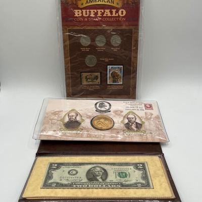 LOT 163J: California Gold Rush Commemorative Gold-Plated Silver Medal and Postal Cover, American Buffalo Coin and Stamp Set, and First...