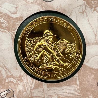 LOT 163J: California Gold Rush Commemorative Gold-Plated Silver Medal and Postal Cover, American Buffalo Coin and Stamp Set, and First...