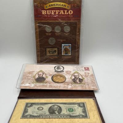 LOT 163J: California Gold Rush Commemorative Gold-Plated Silver Medal and Postal Cover, American Buffalo Coin and Stamp Set, and First...