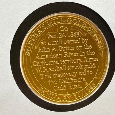 LOT 163J: California Gold Rush Commemorative Gold-Plated Silver Medal and Postal Cover, American Buffalo Coin and Stamp Set, and First...