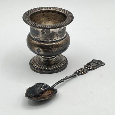 LOT 172J: Silver Lot - Fisher Sterling Candle Holder - 28 grams, and Judaica Souvenir Leaf Spoon - .835 Silver - 13.6 grams