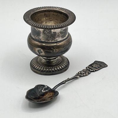 LOT 172J: Silver Lot - Fisher Sterling Candle Holder - 28 grams, and Judaica Souvenir Leaf Spoon - .835 Silver - 13.6 grams