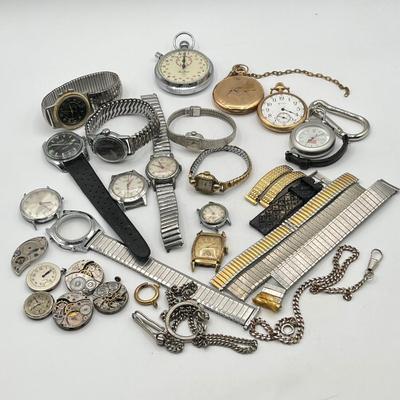 LOT 175J: Big Watch / Watch Part Lot for Parts or Repair - LeJour 17-Jewel Diving Watch, Waltham Pocket Watches and More