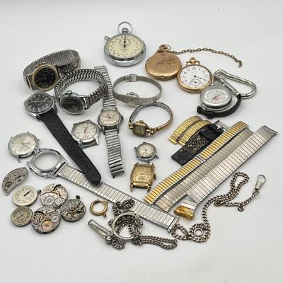 LOT 175J: Big Watch / Watch Part Lot for Parts or Repair - LeJour 17-Jewel Diving Watch, Waltham Pocket Watches and More