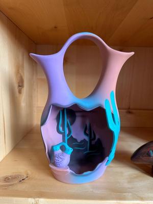 COLORFUL WEDDING VASE AND SIGNED NAVAJO CLAY BEAR