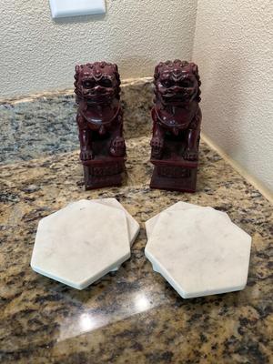 Chinese Figurine/Bookends and marble coasters