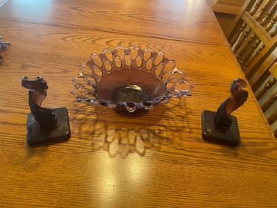 PRETTY PURPLE MCM GLASS BOWL AND CANDLE STICK HOLDERS