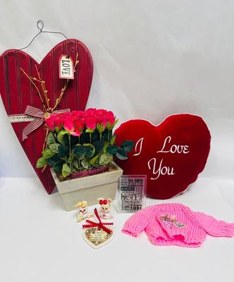 Valentine Decor Lot - Sign, Pillow, Roses, Candleholder, Doll or Stuffie Sweater etc