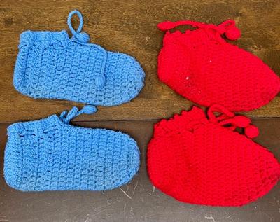 2 pair of slippers - hand crochet booties for child or small adult red & blue