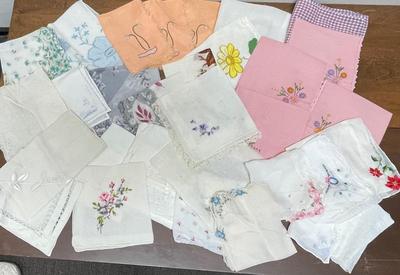Lot of 31 vintage 1950's linen embroidered & embellished hankies - very soft and mostly stain free multicolored