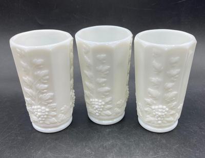 Vintage Westmoreland White Milk Glass Paneled Grapevine Footed Tumblers
