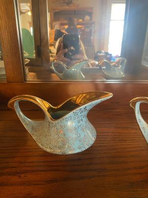 PEARL CHINA SUGAR AND CREAM SET HAND DECORATED WITH 22 KARAT GOLD