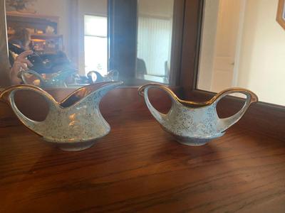 PEARL CHINA SUGAR AND CREAM SET HAND DECORATED WITH 22 KARAT GOLD