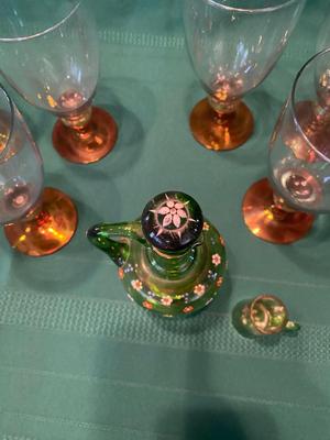 GLASS GOBLETS AND HAND PAINTED GREEN GLASS