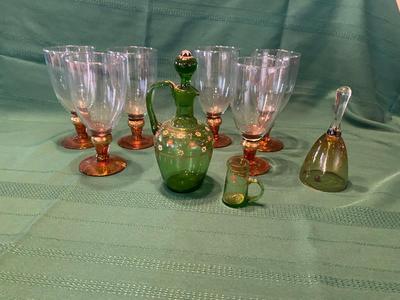 GLASS GOBLETS AND HAND PAINTED GREEN GLASS
