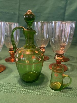 GLASS GOBLETS AND HAND PAINTED GREEN GLASS