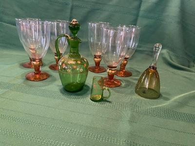 GLASS GOBLETS AND HAND PAINTED GREEN GLASS