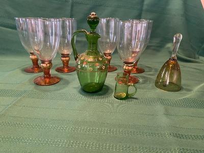 GLASS GOBLETS AND HAND PAINTED GREEN GLASS