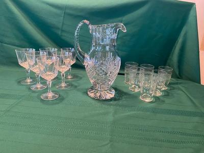 BEAUTIFUL LEAD CRYSTAL PITCHER, WINE GLASSES AND ETCHED JUICE GLASSES