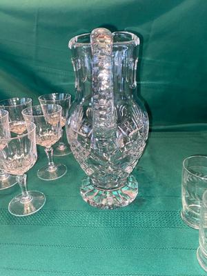 BEAUTIFUL LEAD CRYSTAL PITCHER, WINE GLASSES AND ETCHED JUICE GLASSES