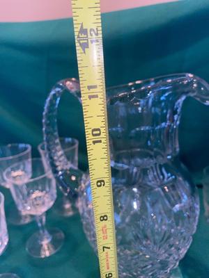 BEAUTIFUL LEAD CRYSTAL PITCHER, WINE GLASSES AND ETCHED JUICE GLASSES