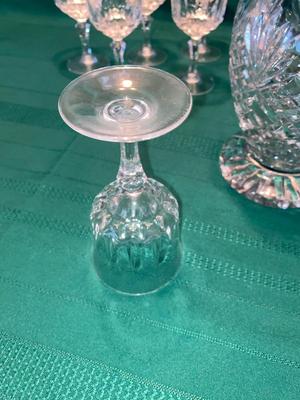 BEAUTIFUL LEAD CRYSTAL PITCHER, WINE GLASSES AND ETCHED JUICE GLASSES