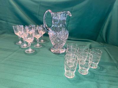 BEAUTIFUL LEAD CRYSTAL PITCHER, WINE GLASSES AND ETCHED JUICE GLASSES