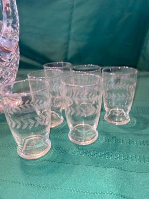 BEAUTIFUL LEAD CRYSTAL PITCHER, WINE GLASSES AND ETCHED JUICE GLASSES