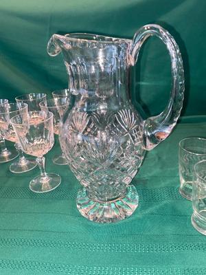 BEAUTIFUL LEAD CRYSTAL PITCHER, WINE GLASSES AND ETCHED JUICE GLASSES