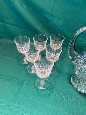 BEAUTIFUL LEAD CRYSTAL PITCHER, WINE GLASSES AND ETCHED JUICE GLASSES