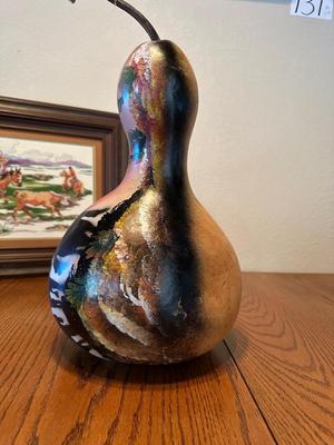 COWBOY ARTWORK, NEEDLEPOINT PICTURE AND PAINTED GOURD