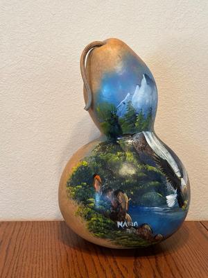LARGE HAND PAINTED GOURD AND NEEDLEPOINT ARTWORK