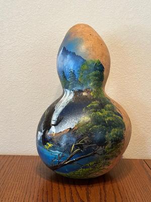 LARGE HAND PAINTED GOURD AND NEEDLEPOINT ARTWORK