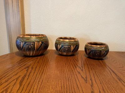 3 PAINTED TERRA COTTA POTS
