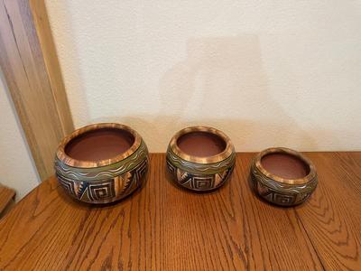 3 PAINTED TERRA COTTA POTS