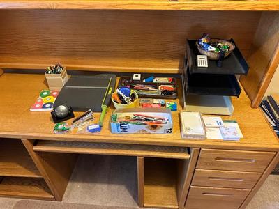 DESK ORGANIZER, PAPER CUTTER AND VARIOUS OFFICE SUPPLIES