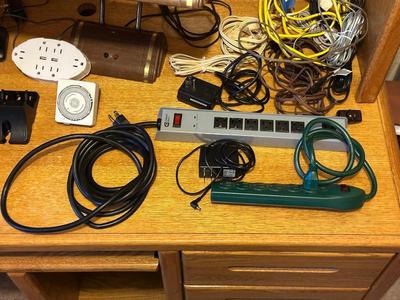DESK LAMP, CORDLESS PHONES, SURGE BOX AND POWER CORDS PLUS MORE