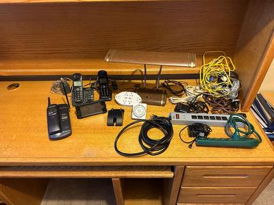 DESK LAMP, CORDLESS PHONES, SURGE BOX AND POWER CORDS PLUS MORE