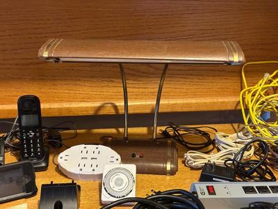 DESK LAMP, CORDLESS PHONES, SURGE BOX AND POWER CORDS PLUS MORE
