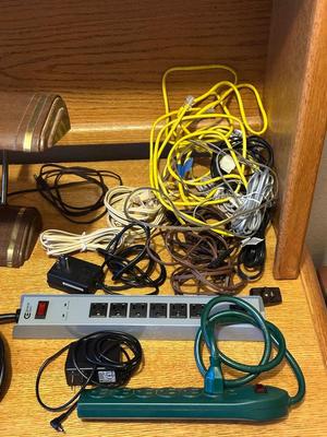 DESK LAMP, CORDLESS PHONES, SURGE BOX AND POWER CORDS PLUS MORE