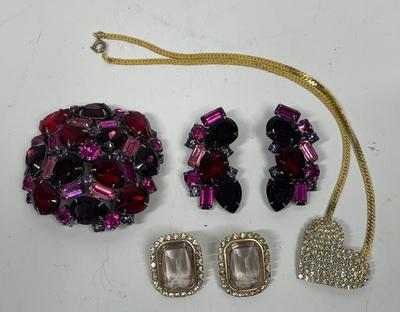 Costume Jewelry Lot - Fashion jewelry - brooch, matching earrings pink stone earrings and heart shaped crystal pendant necklace