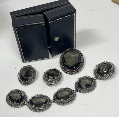Vintage Jewelry Set - bracelet, pin, and earrings smokey topaz color