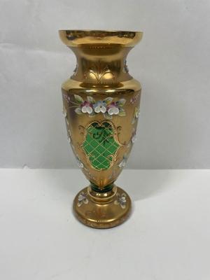 Vintage Czech Bohemian glass vase tree gold hand-painted pink flowers