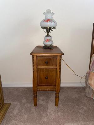 ANTIQUE 2 DRAWER NIGHT STAND AND GLASS GLOBE LAMP (1of2)