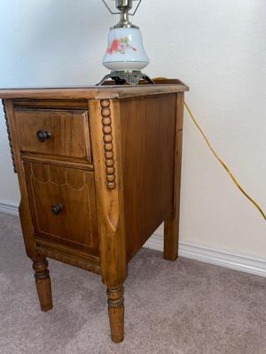 ANTIQUE 2 DRAWER NIGHT STAND AND GLASS GLOBE LAMP (1of2)