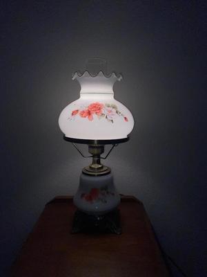 ANTIQUE 2 DRAWER NIGHT STAND AND GLASS GLOBE LAMP (1of2)