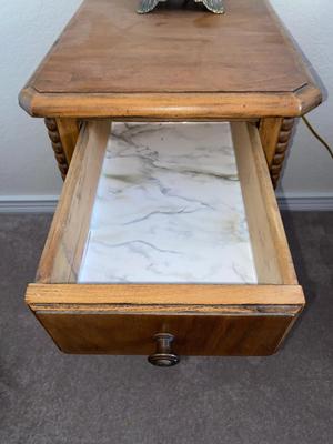 ANTIQUE 2 DRAWER NIGHT STAND AND GLASS GLOBE LAMP (1of2)
